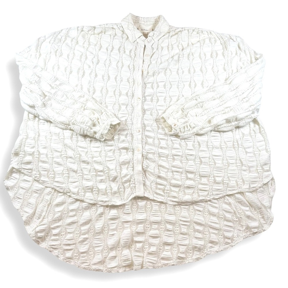 Bohme Womens White Textured Lace Oversize Button Down Blouse High Low Hem Medium